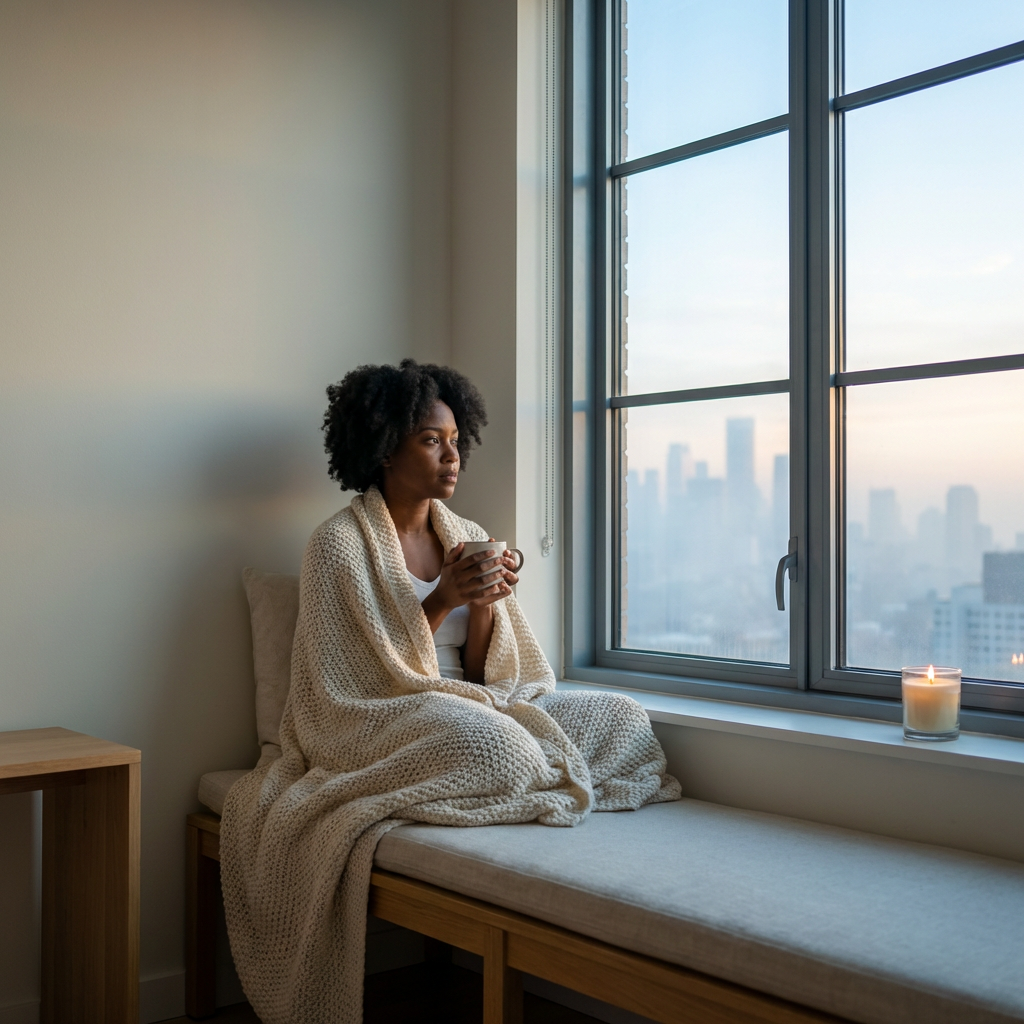 A photorealistic image of a black woman sitting alone by a large window in the early morning, wrapped in a soft blanket, holding a warm mug with both hands, gazing out the window thoughtfully. Soft blue and golden early-morning light fills the frame. The room is minimal and peaceful—neutral tones, clean lines, a single candle on the windowsill. The mood is introspective, still, and deeply present. Cinematic wellness photography. A photorealistic image of a black woman sitting alone by a large window in the early morning, wrapped in a soft blanket, holding a warm mug with both hands, gazing out the window thoughtfully. Soft blue and golden early-morning light fills the frame. The room is minimal and peaceful—neutral tones, clean lines, a single candle on the windowsill. The mood is introspective, still, and deeply present. Cinematic wellness photography.