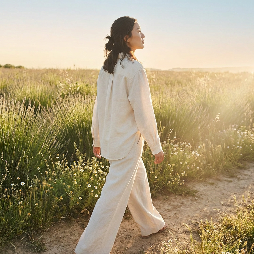 A photorealistic image of a woman walking confidently forward on an open, sunlit path through a field of soft wildflowers. She is shot from slightly behind and to the side, mid-stride, with warm sunlight streaming across the scene. Her posture is upright and open. The color palette is warm gold, soft green, lavender, and cream. The mood is hopeful, empowered, and expansive. The horizon is open and bright. Editorial wellness lifestyle photography, cinematic lens flare. A photorealistic image of a woman walking confidently forward on an open, sunlit path through a field of soft wildflowers. She is shot from slightly behind and to the side, mid-stride, with warm sunlight streaming across the scene. Her posture is upright and open. The color palette is warm gold, soft green, lavender, and cream. The mood is hopeful, empowered, and expansive. The horizon is open and bright. Editorial wellness lifestyle photography, cinematic lens flare.