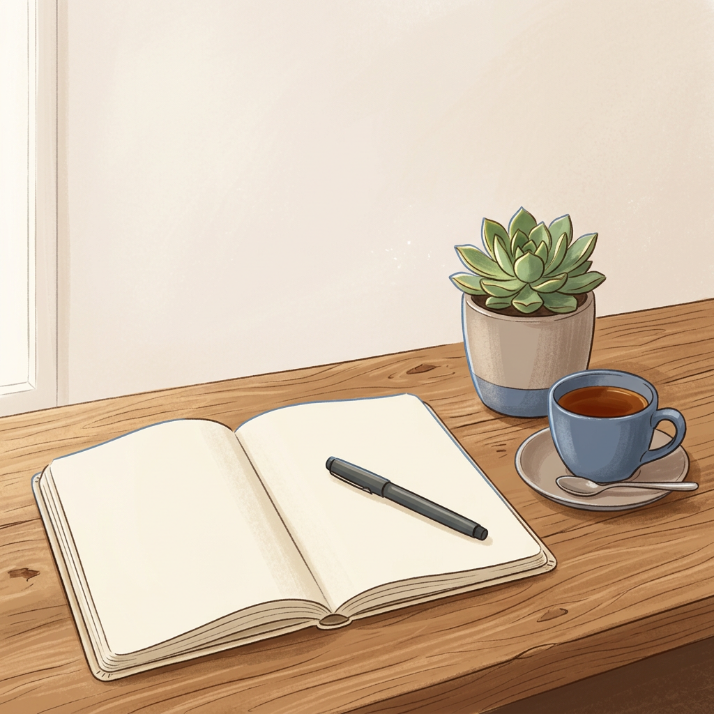 Open journal and pen on a desk, representing an ongoing wellness practice Open journal and pen on a desk, representing an ongoing wellness practice