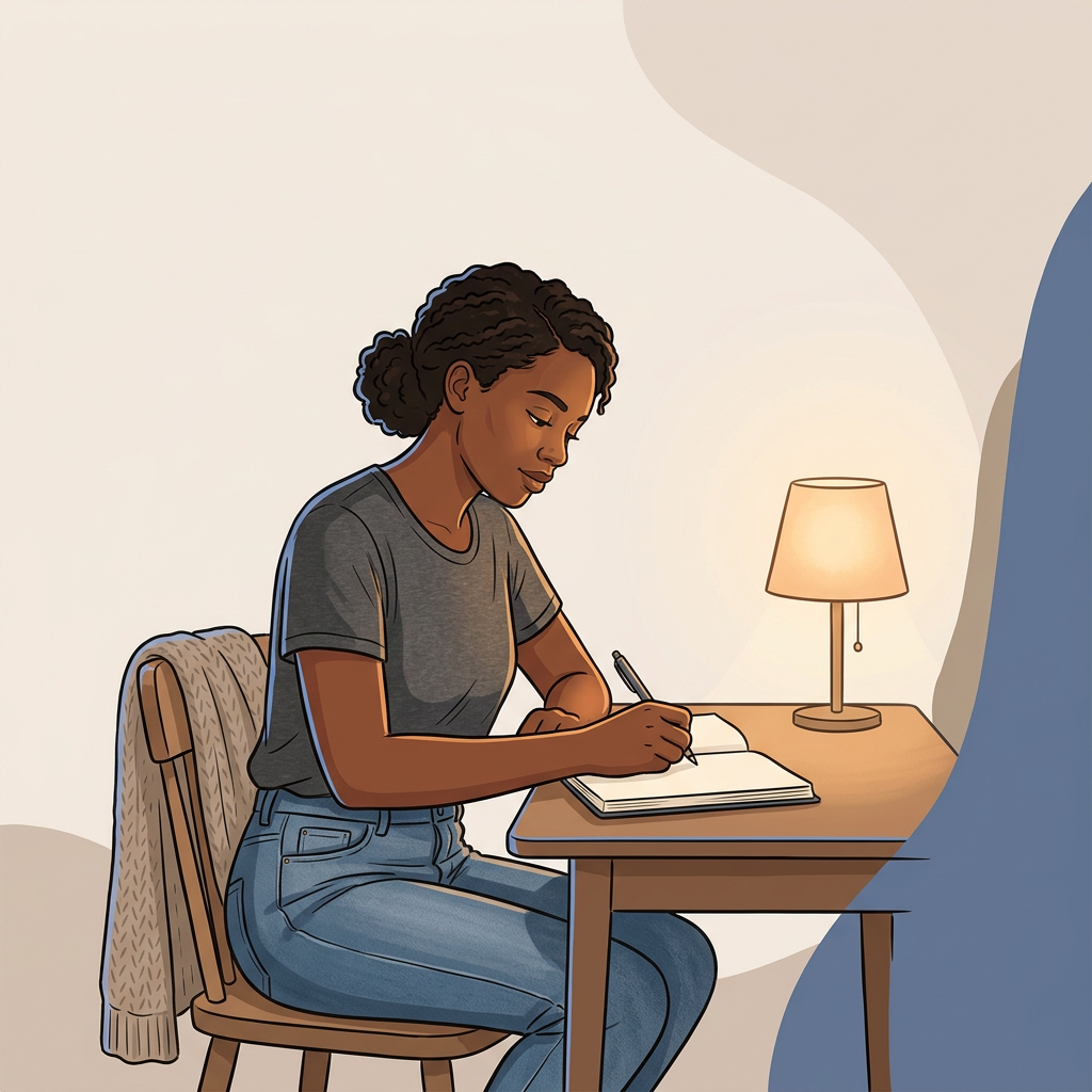 Woman writing in a journal at night, working through a repetitive thought Woman writing in a journal at night, working through a repetitive thought
