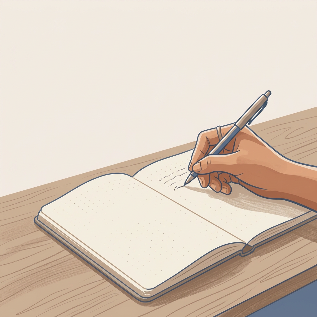 Close up of a hand writing three short steps in a journal, representing a repeatable thought process Close up of a hand writing three short steps in a journal, representing a repeatable thought process