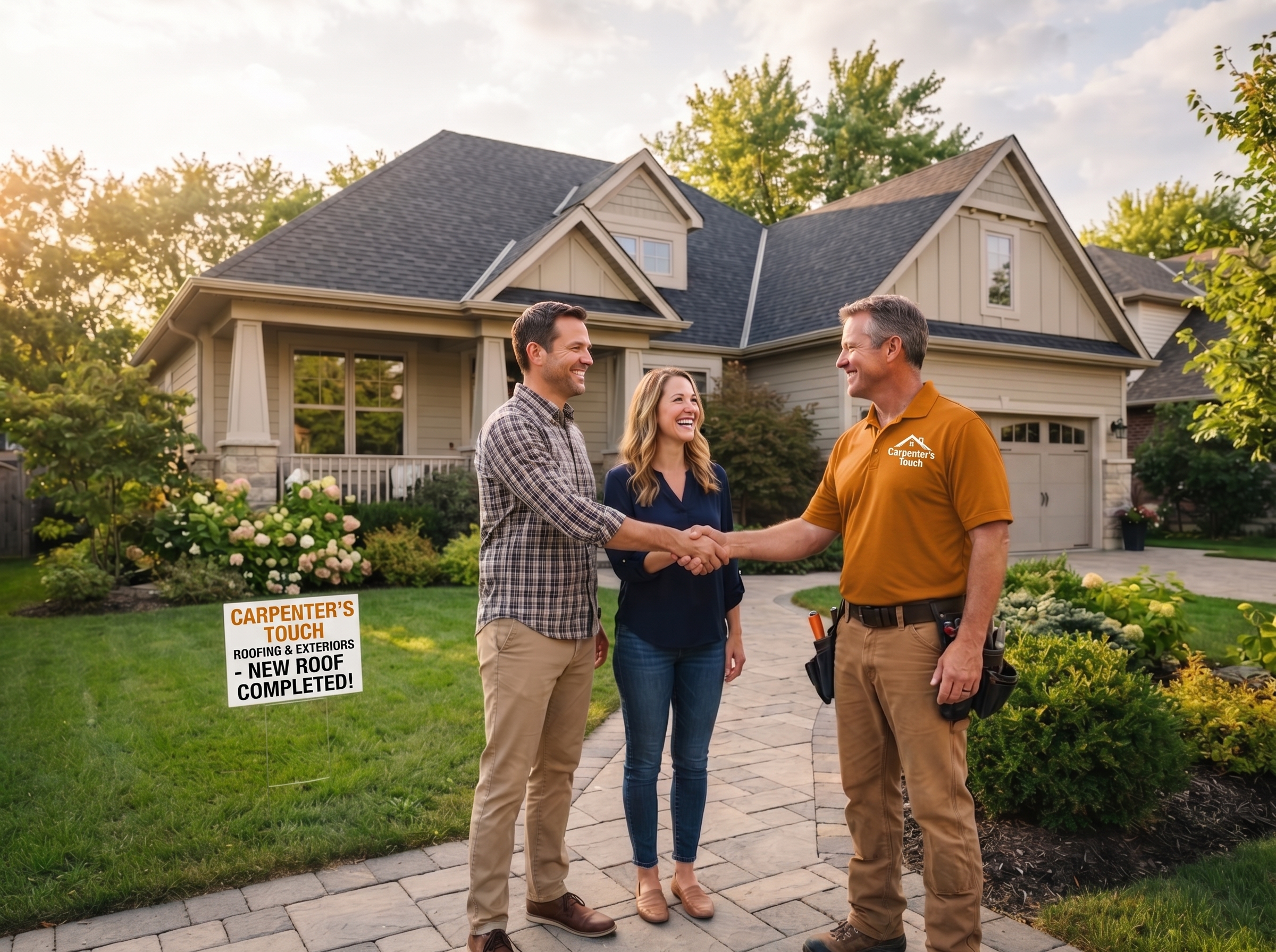 Homeowner enjoying a completed new roof by Carpenter's Touch