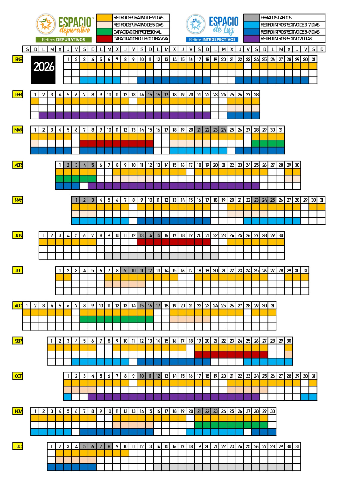 Calendario de Retiros Introspectivos 2026 - Espacio de Luz