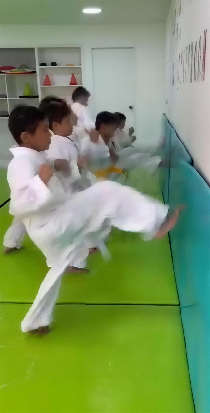 Niños de 7 a 12 años practicando patadas