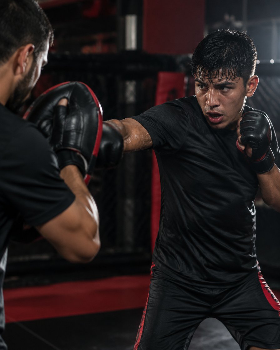Joven entrenando MMA con paos