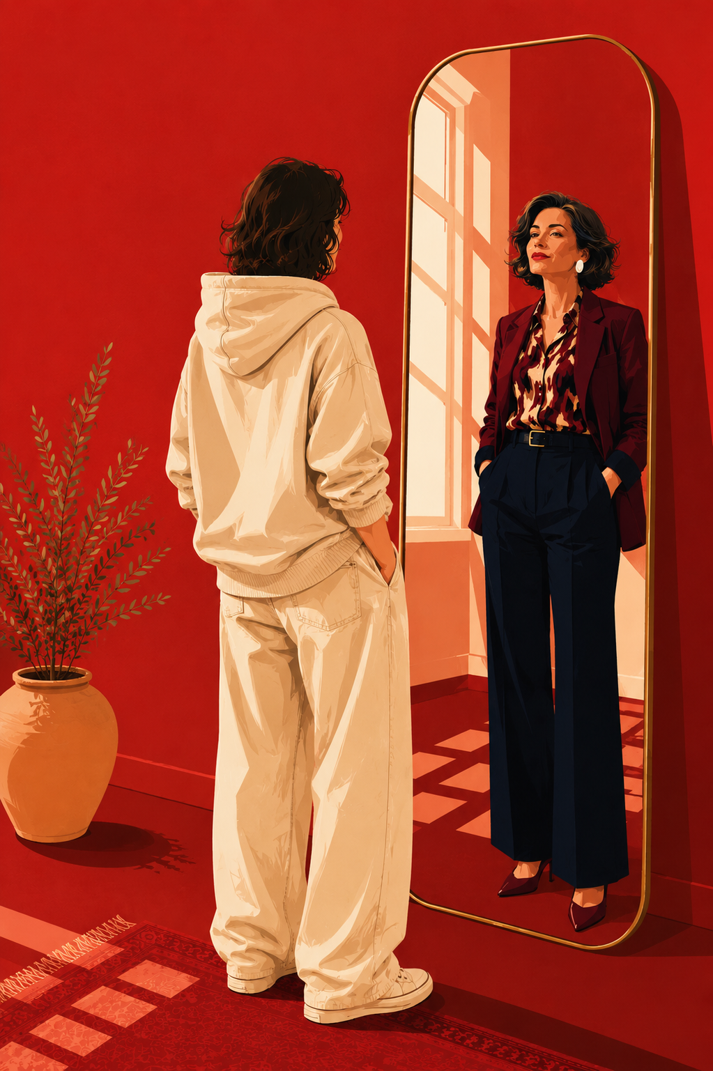 A woman in cream looks at her reflection in a full-length mirror, where she is wearing a burgundy blazer and navy trousers.
