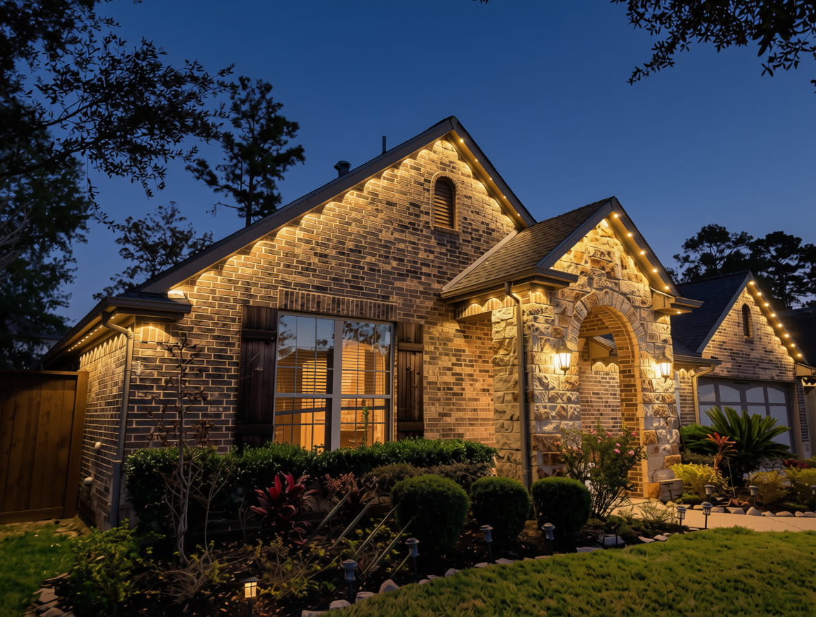 Professional outdoor lighting installation on residential home exterior
