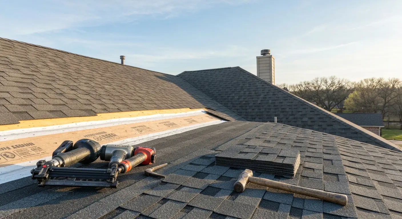 Residential roof repair in Mustang