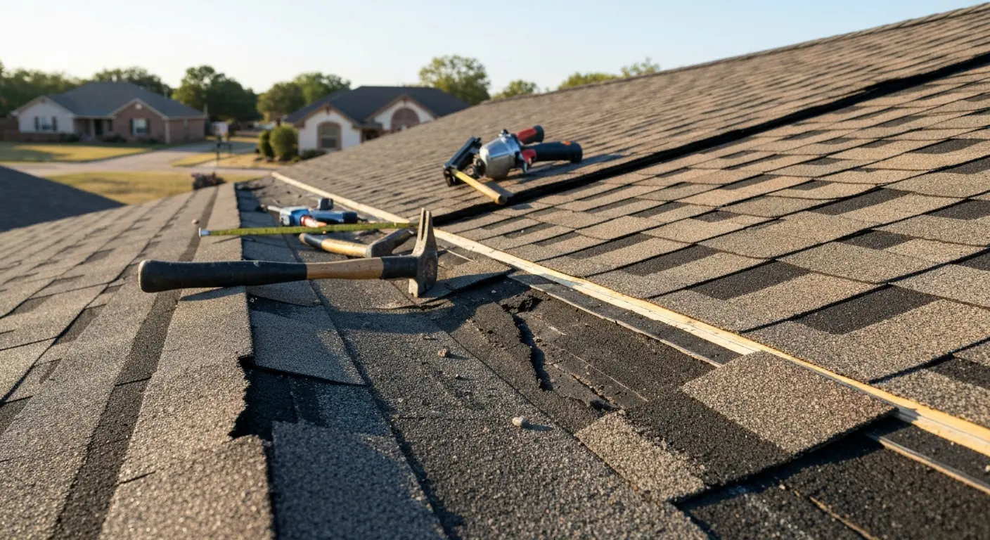 Wind-damaged roof shingles