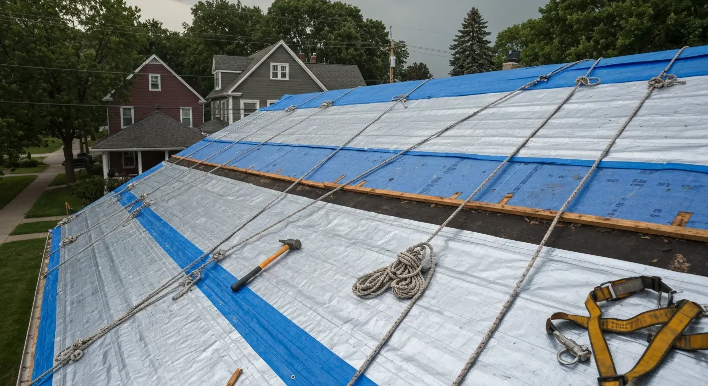 Storm damage emergency tarping