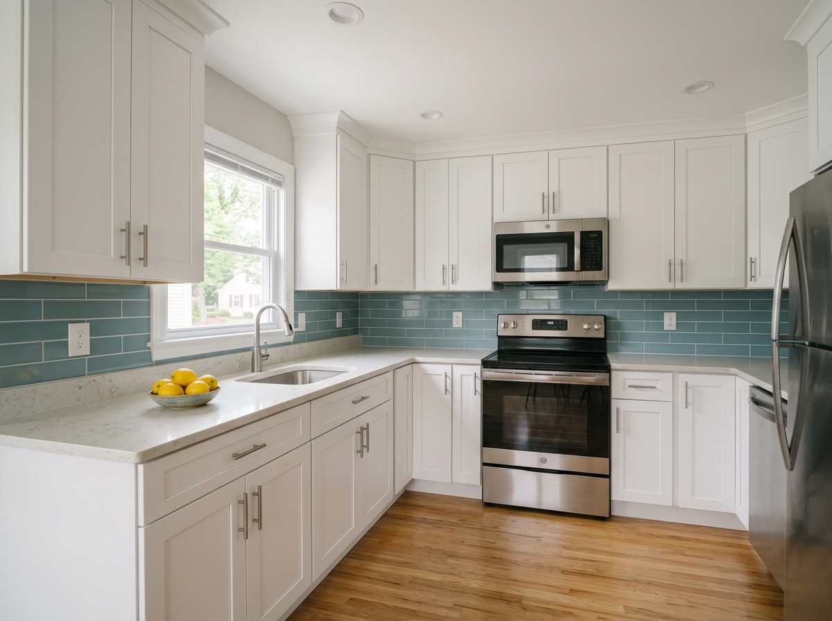 Bright rental apartment kitchen with white cabinets