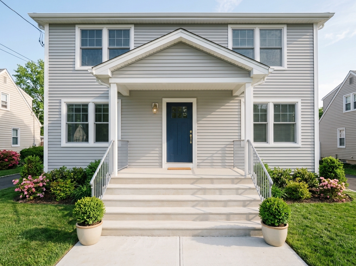 Front entrance of a well-kept two-family home