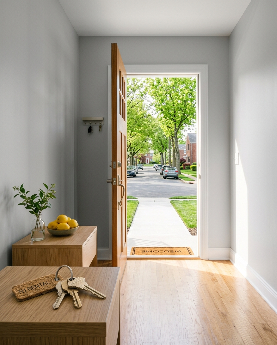 Open front door looking out to a sunny residential street