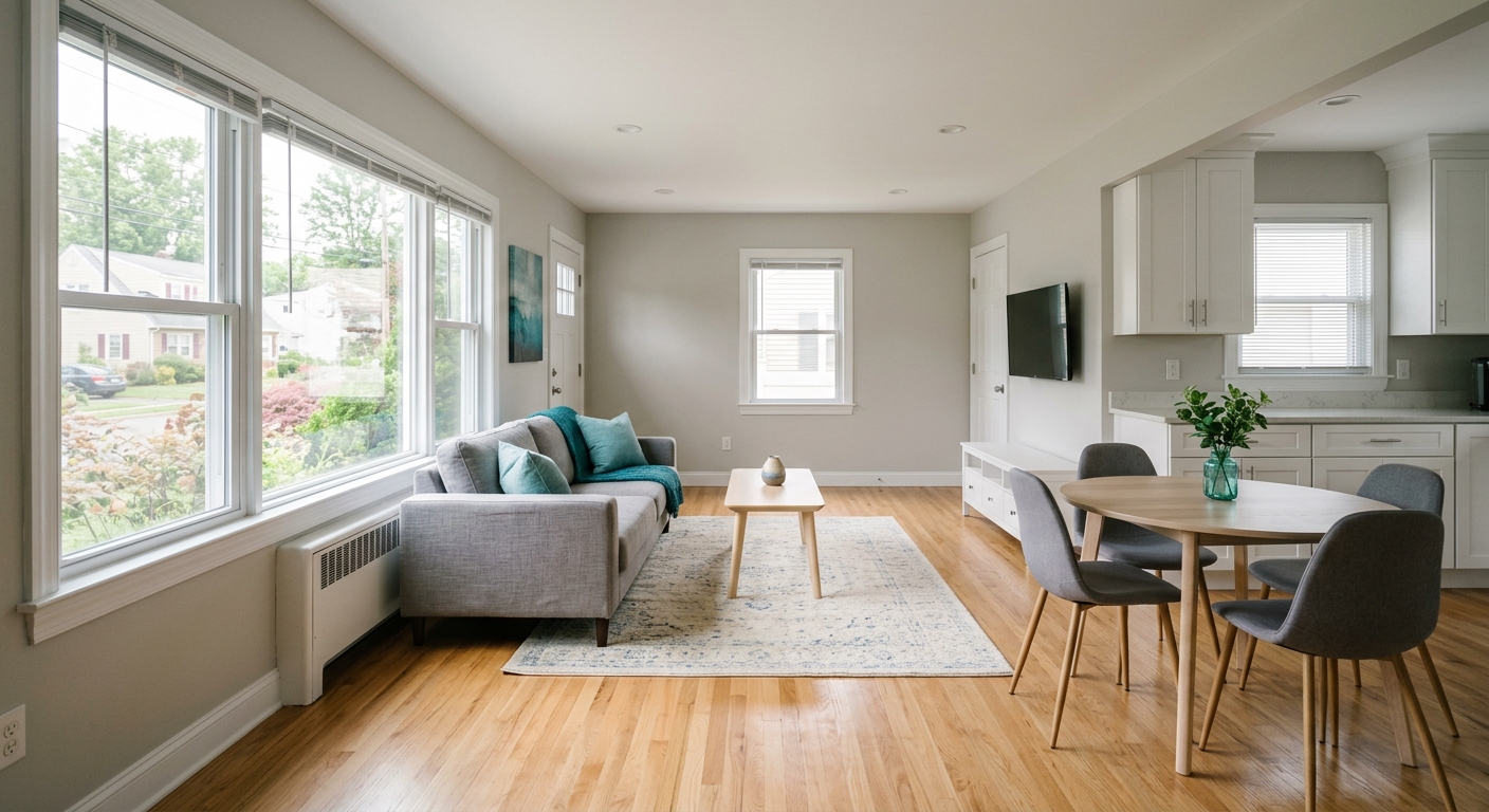 Bright, clean living room in a rental apartment with keys on the entry table
