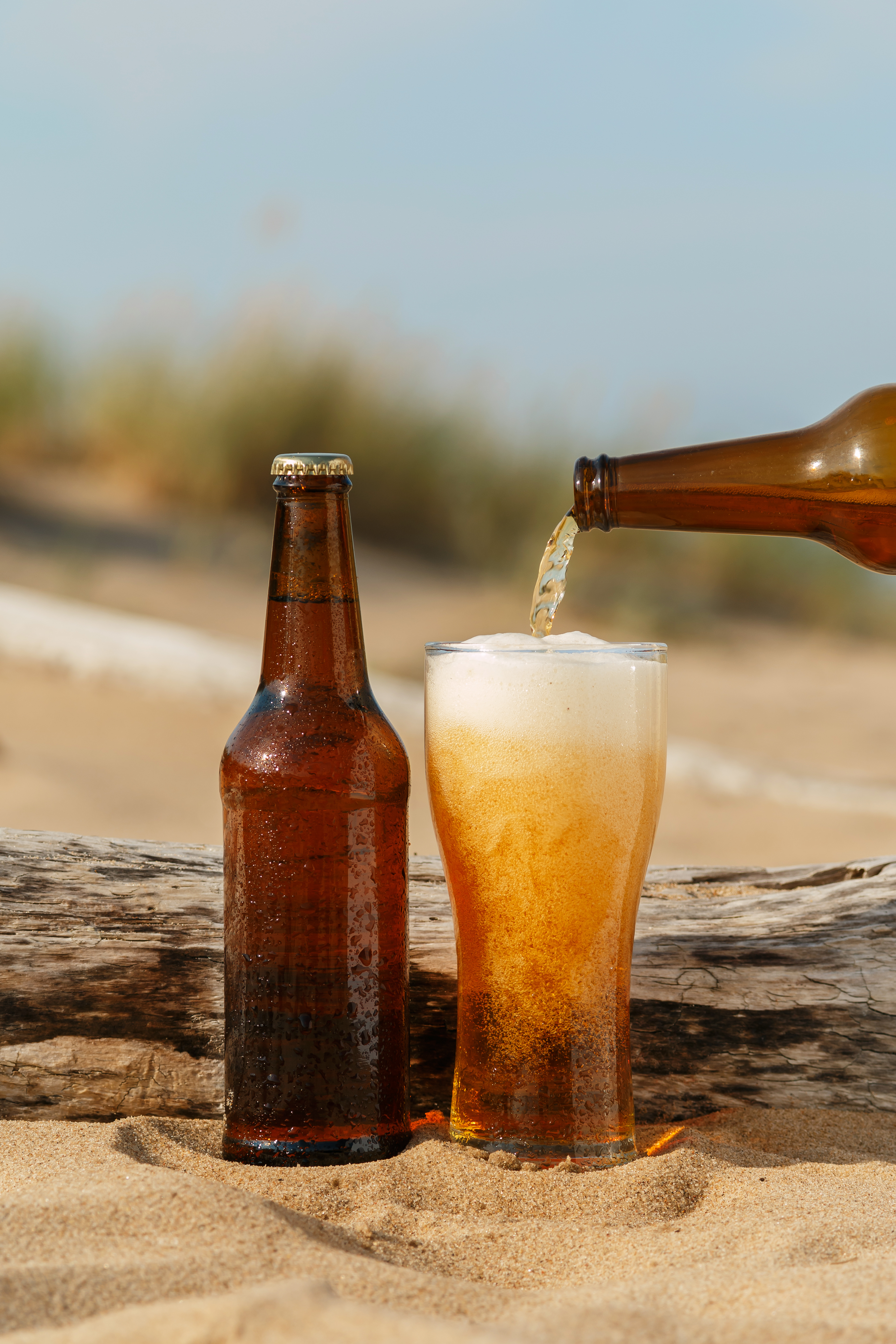 Cerveza artesanal, agua y paisaje desértico
