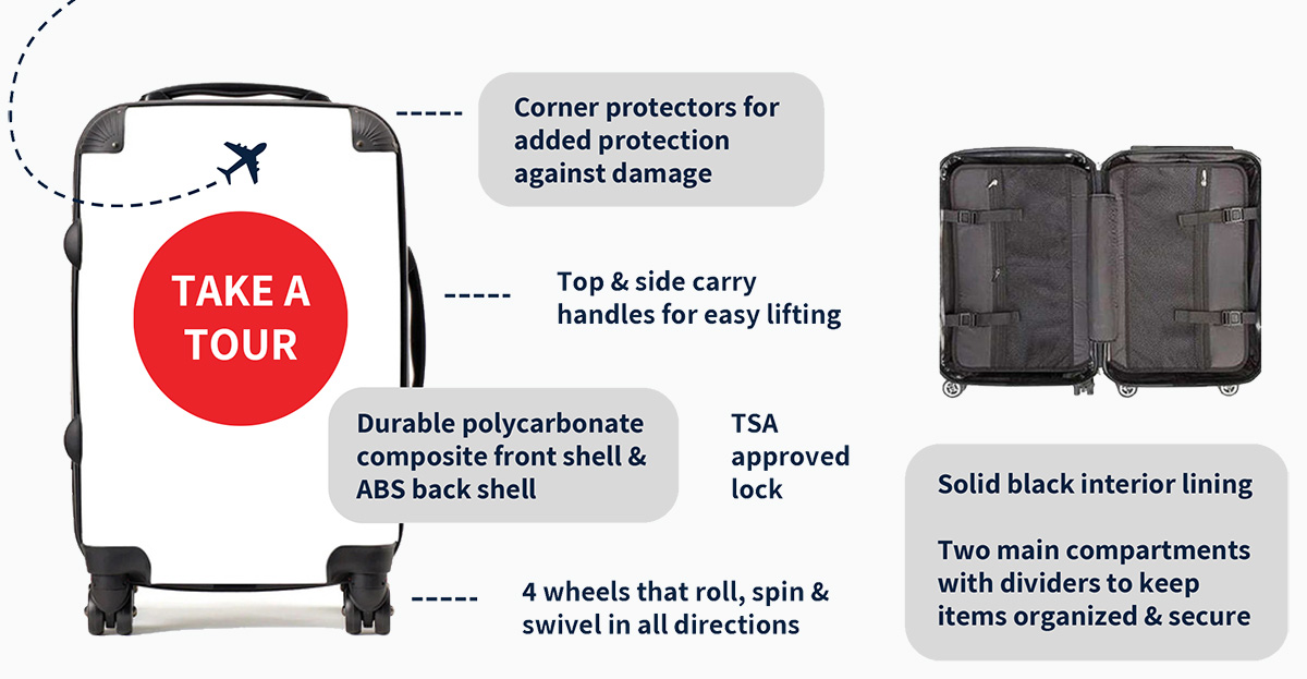 Corner protectors for added protection against damage | Top & side carry handles for easy lifting | Durable polycarbonate composite front shell & ABS back shell | TSA approved lock | 4 wheels that roll, spin & swivel in all directions | Solid black interior lining. Two main compartments with dividers to keep items organized & secure 