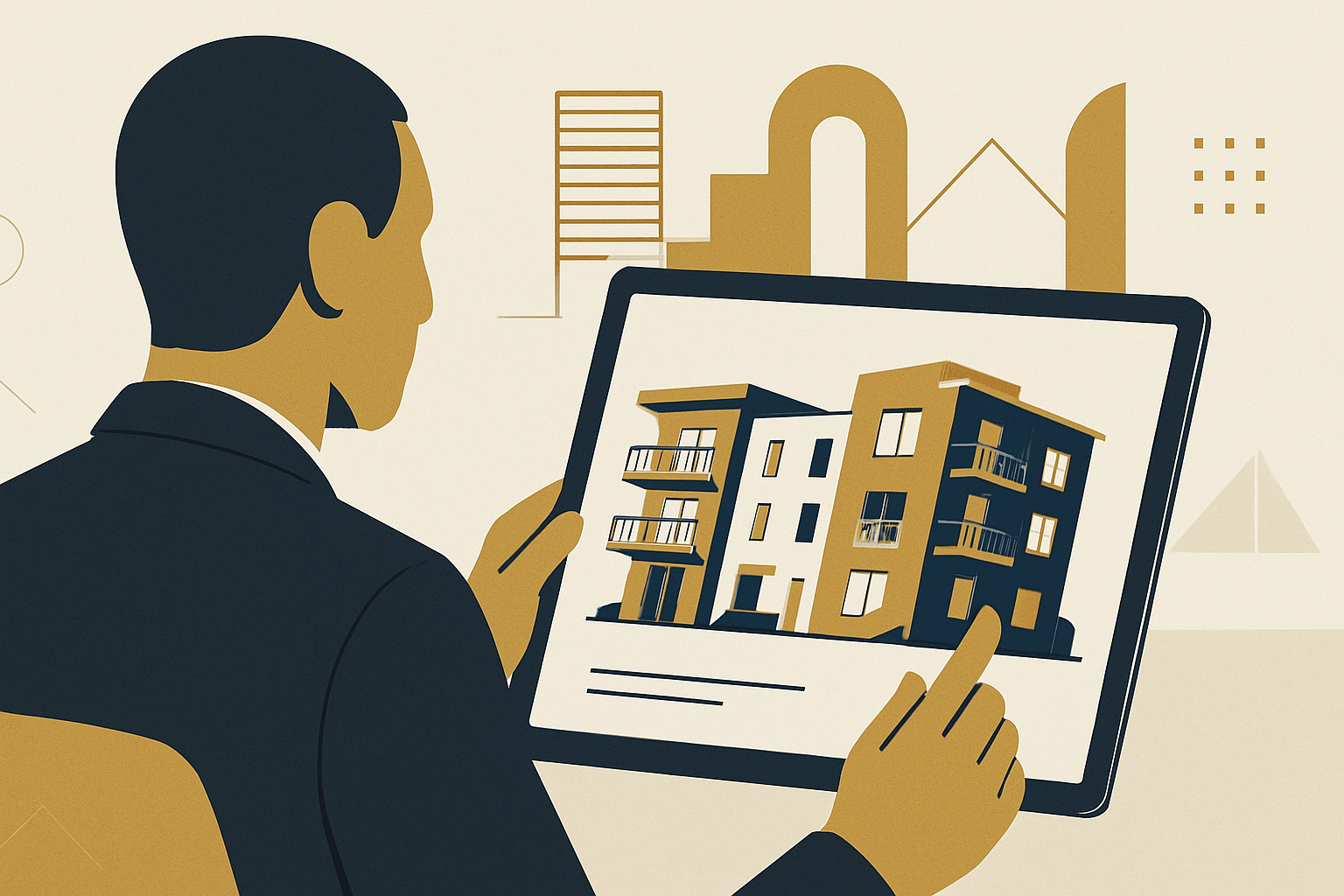 Editorial illustration showing multifamily real estate analysis