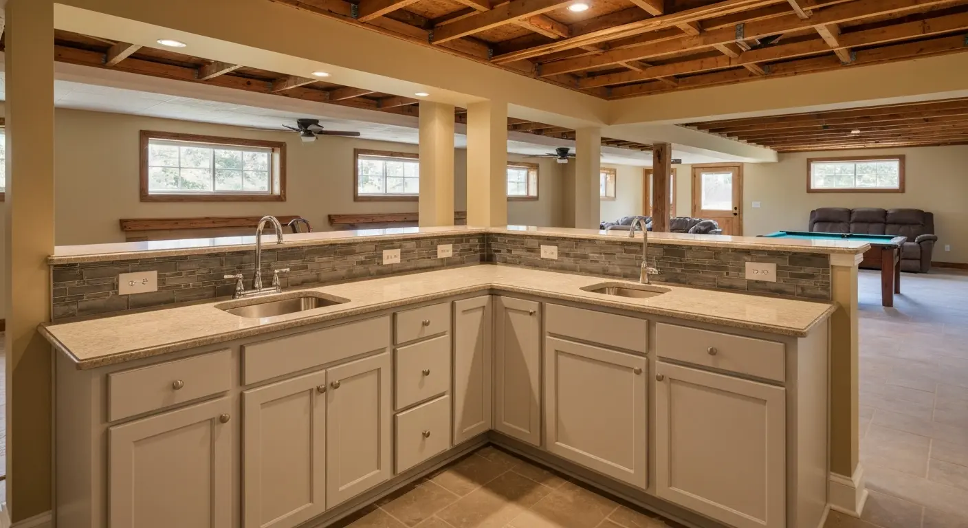 Recreation room with bar in finished basement