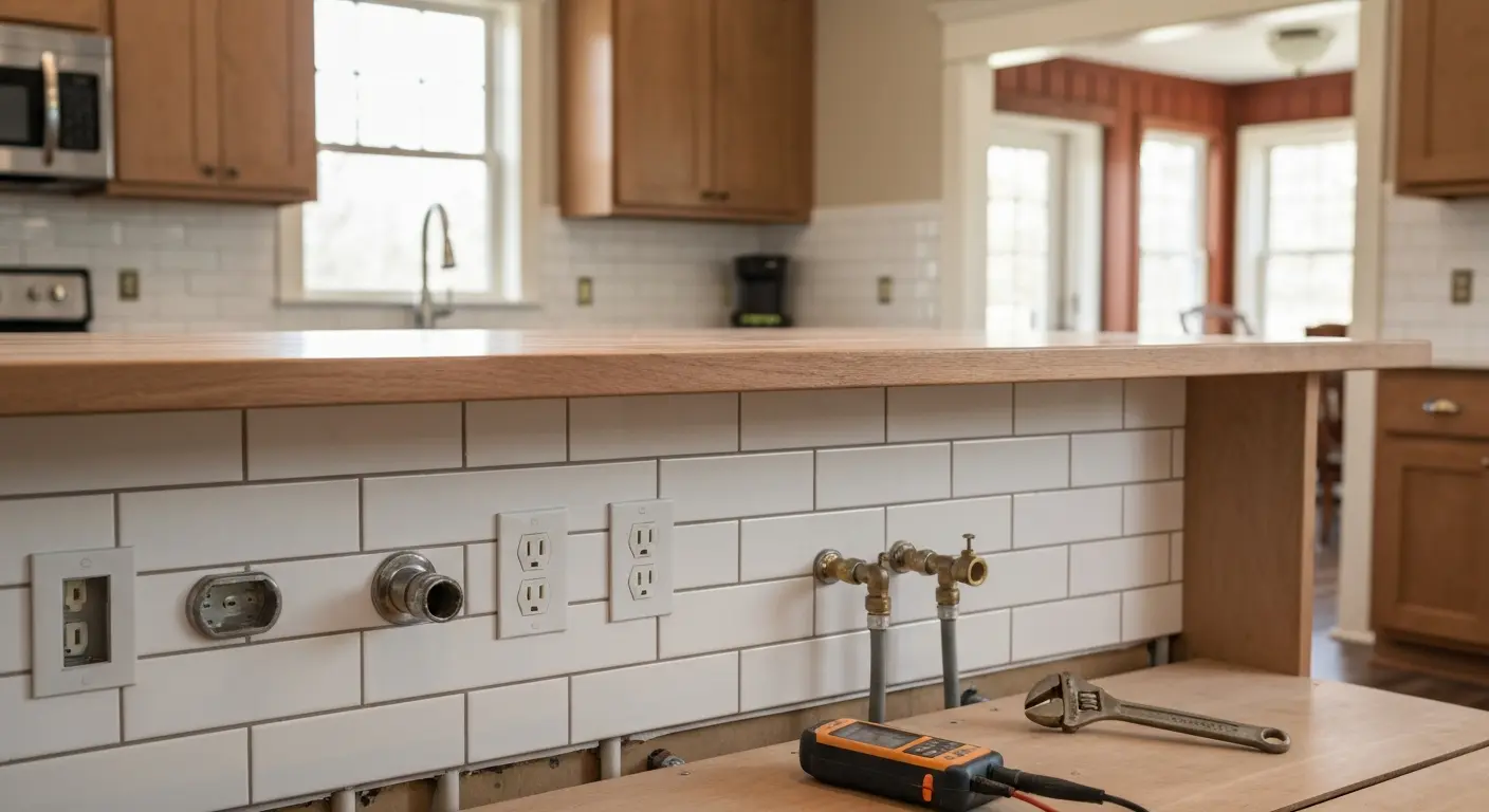 Island electrical outlet and plumbing installation