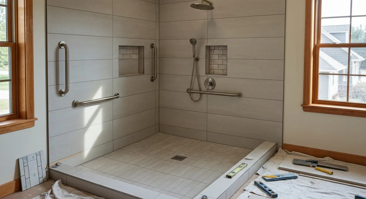 Tile shower installation with accessibility features