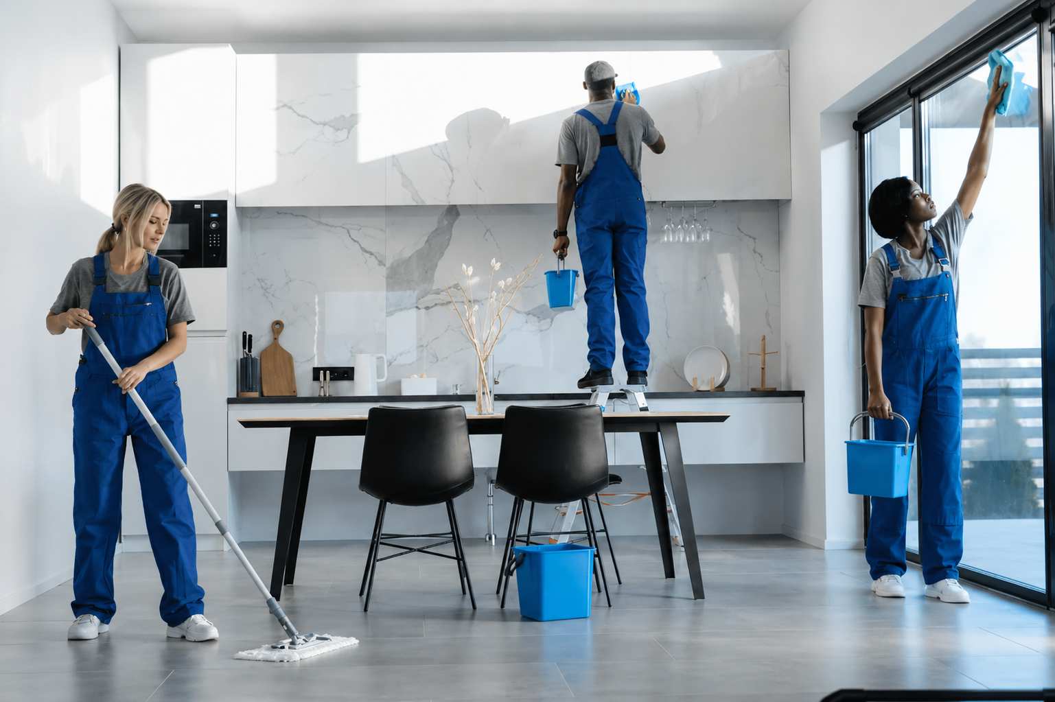 Friendly Luminous Glow team cleaning a modern open-plan home