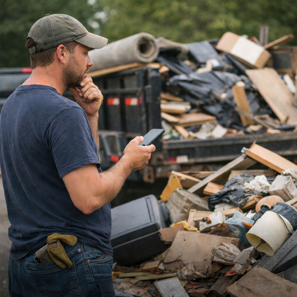 Junk removal business owner standing next to a pile of debris estimating the job price