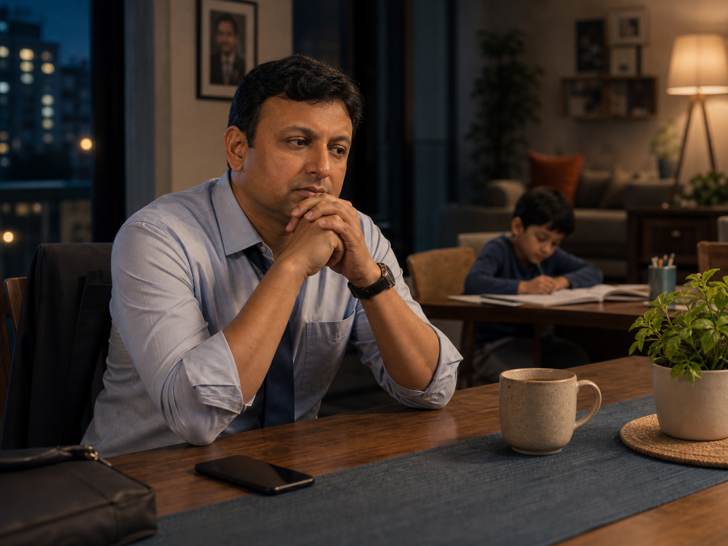 A thoughtful father sitting at home while his child studies nearby