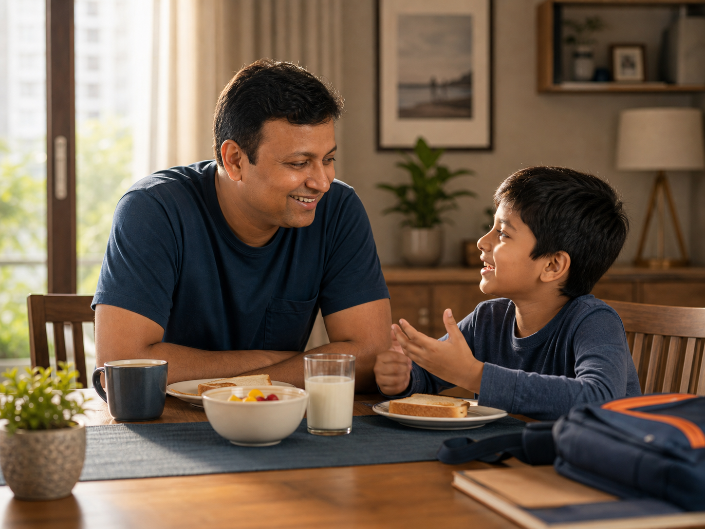 A father listening warmly to his son at the breakfast table