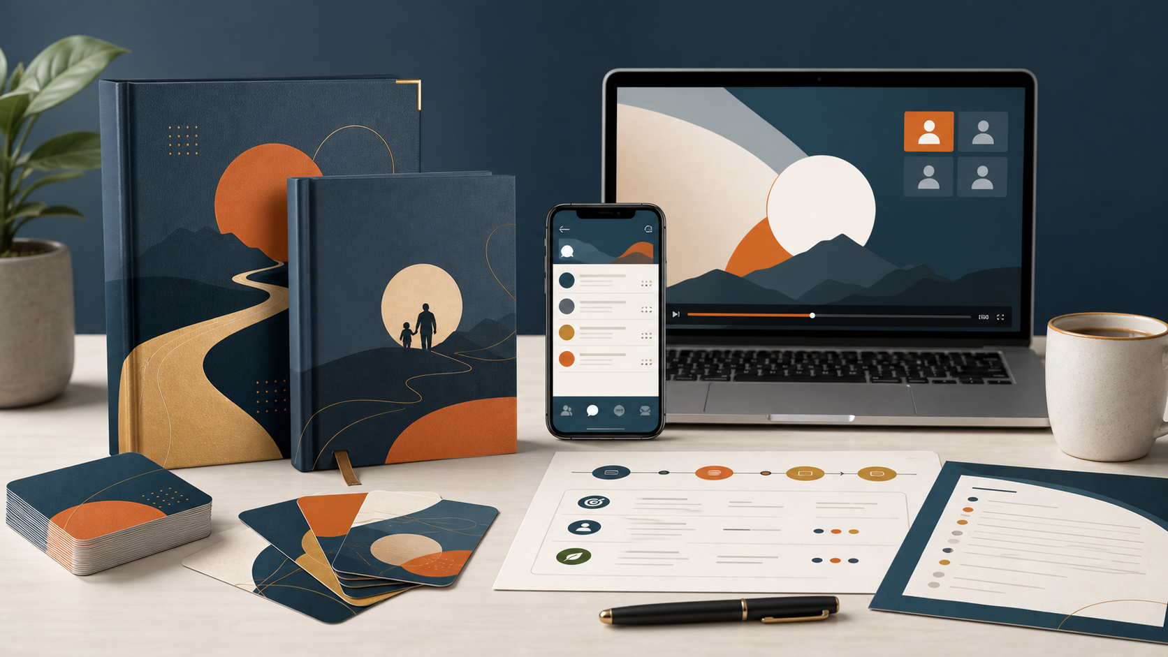 A premium visual mockup of the challenge workbook, roadmap, session screen, and community access