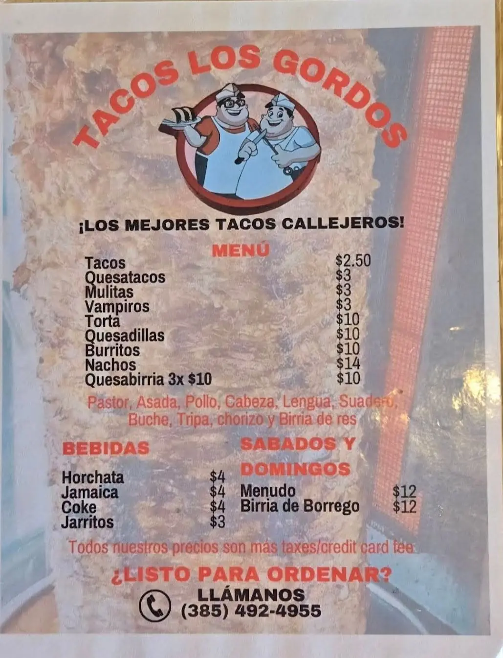 Tacos Los Gordos full menu board