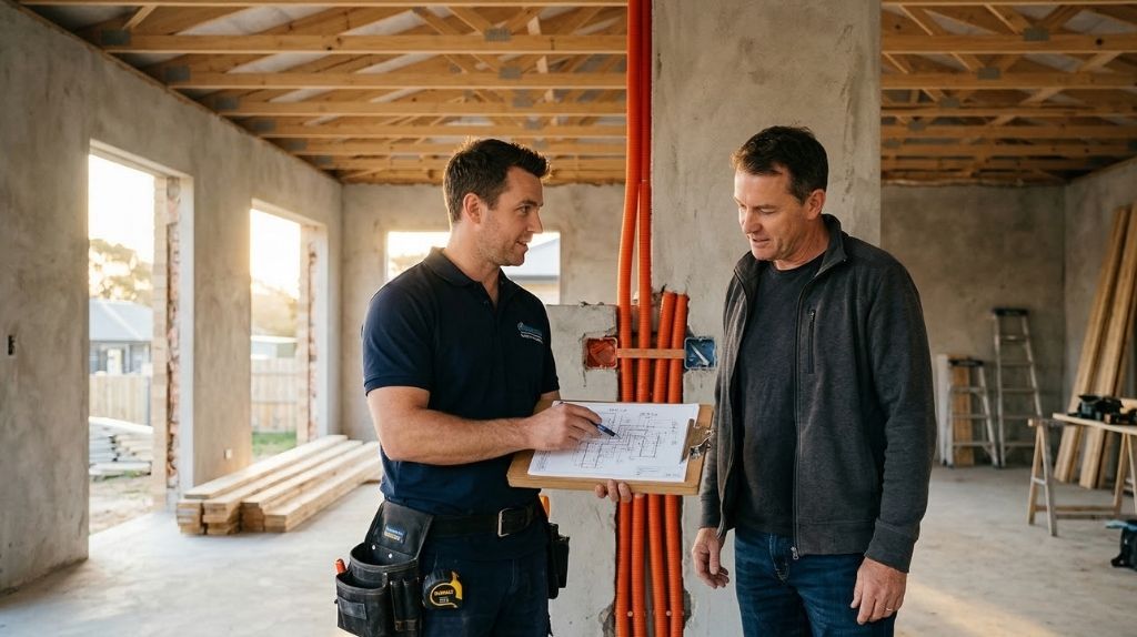 Konsultacja na budowie — elektryk omawia projekt instalacji z inwestorem