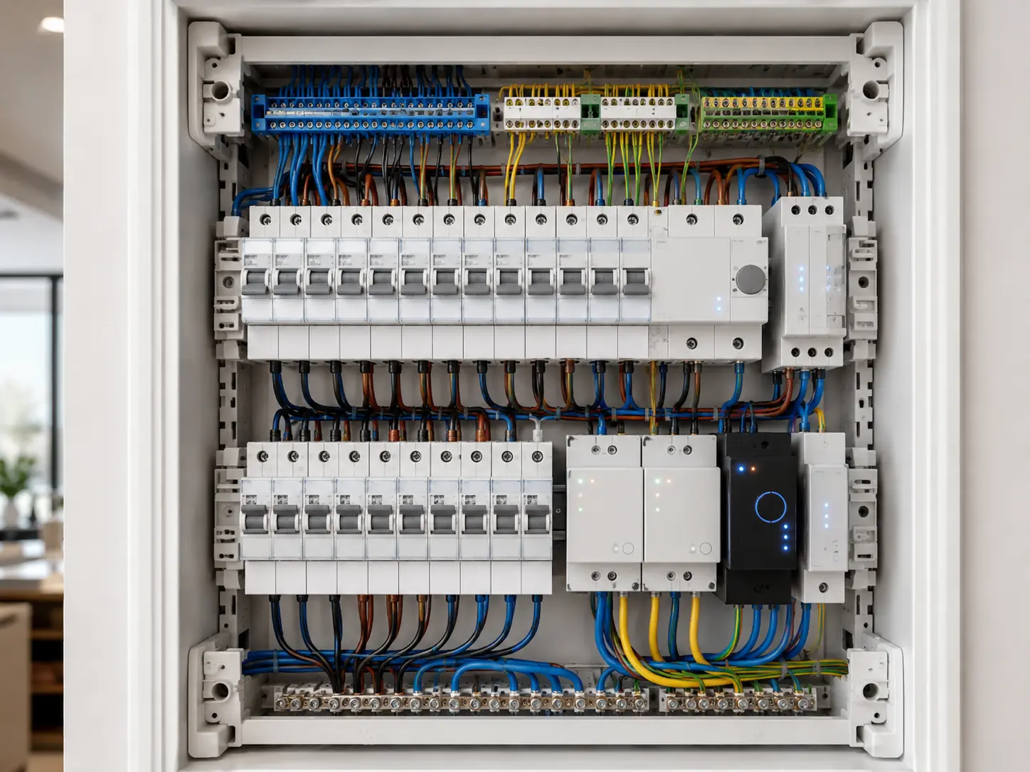 Nowoczesna rozdzielnica elektryczna z modułami smart home w domu jednorodzinnym w Nowej Soli
