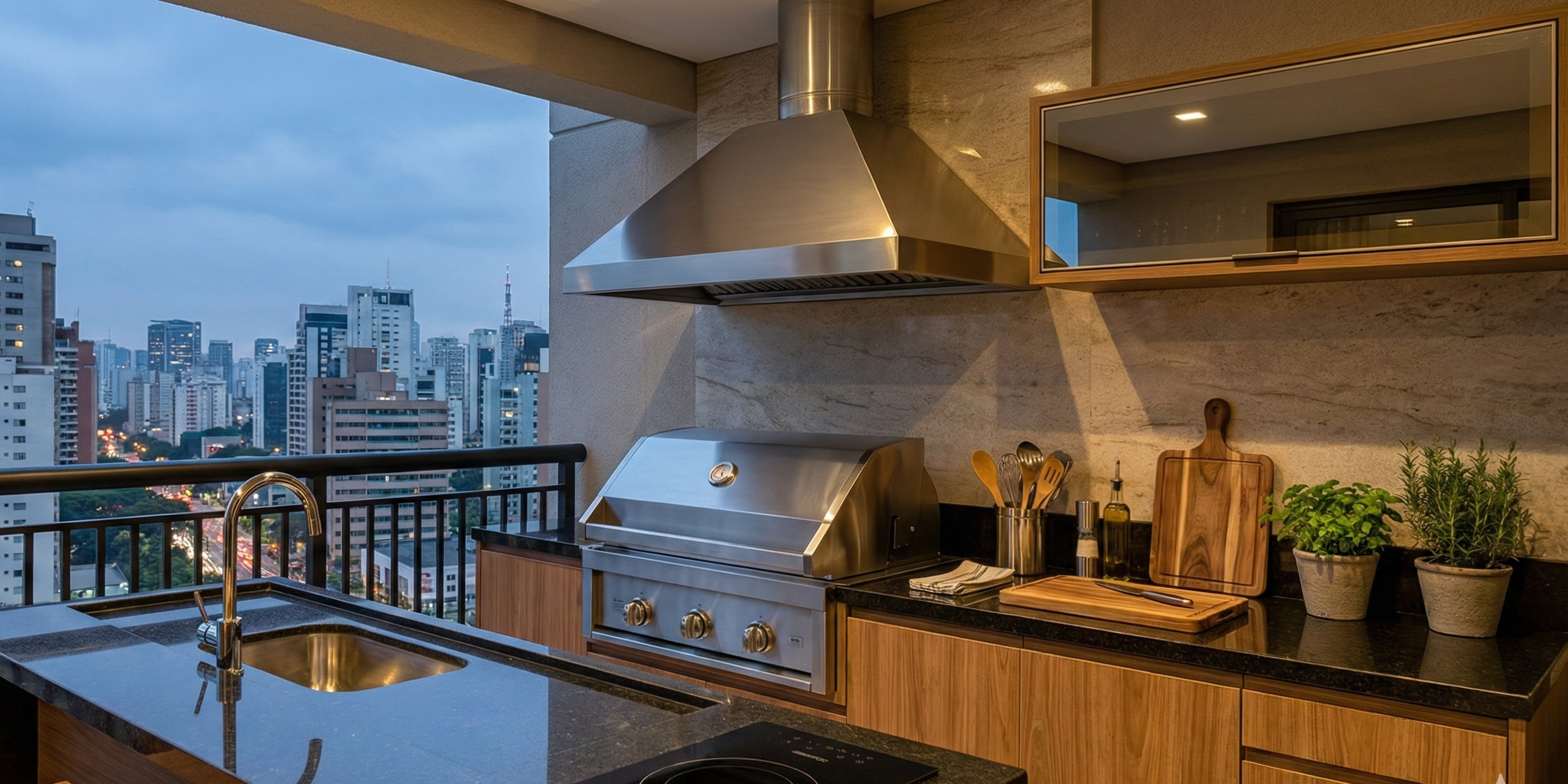 área gourmet de um apartamento de alto padrão com churrasqueira a gás