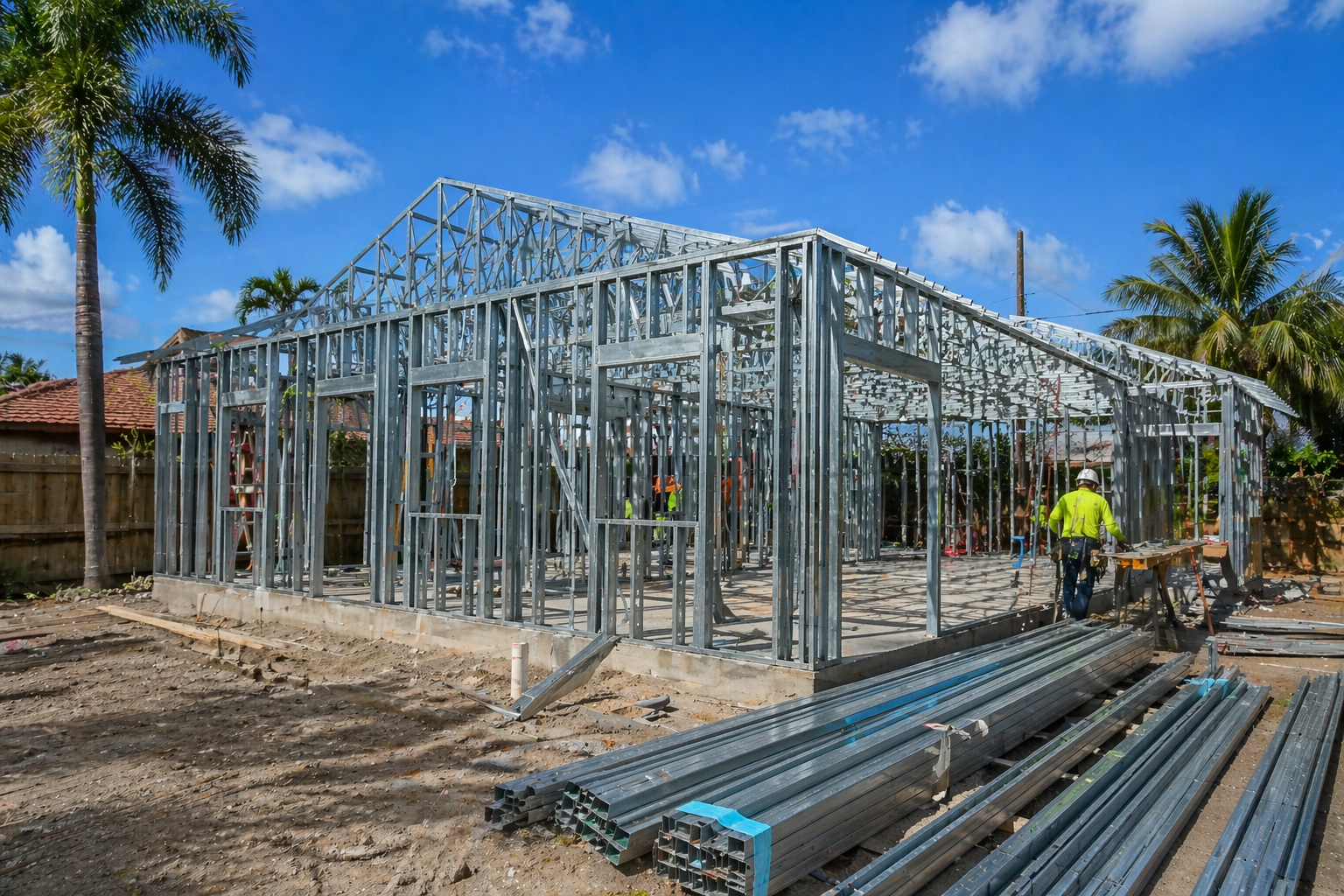 Steel framing construction in progress