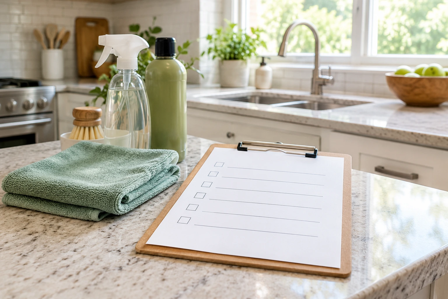 Cleaning checklist and microfiber cloth on a kitchen counter Cleaning checklist and microfiber cloth on a kitchen counter