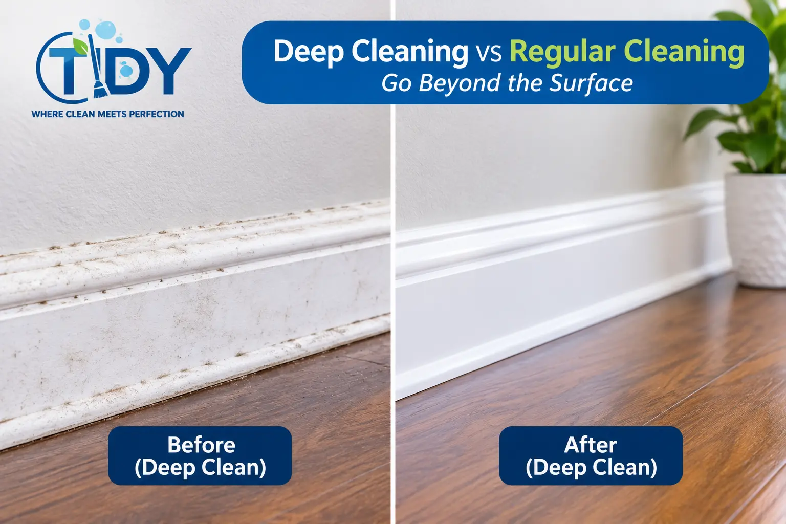 Baseboard before and after a deep clean