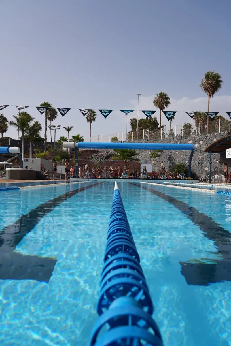 A lane rope leading down the 50m pool