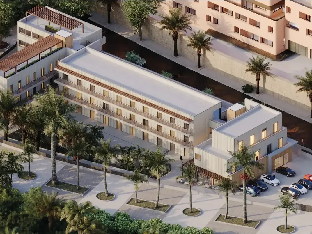 The T3 Residence from the air, next to the 50m pool