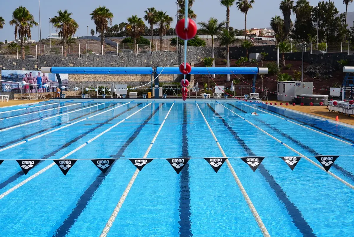 The 50m pool under backstroke flags with palms behind