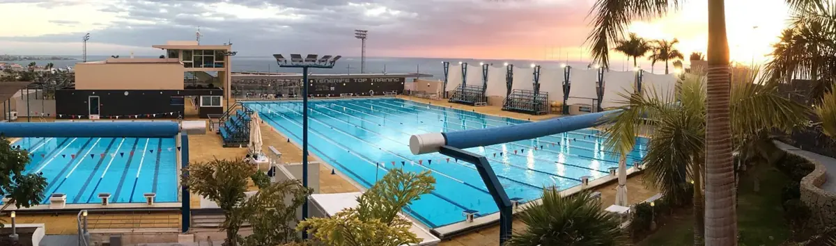Sunset over the 50m and 25m pools at Tenerife Top Training