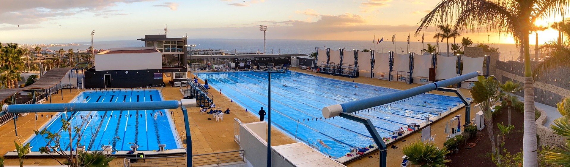 Panorama of Tenerife Top Training at sunset .. the 50m and 25m outdoor racing pools above the ocean