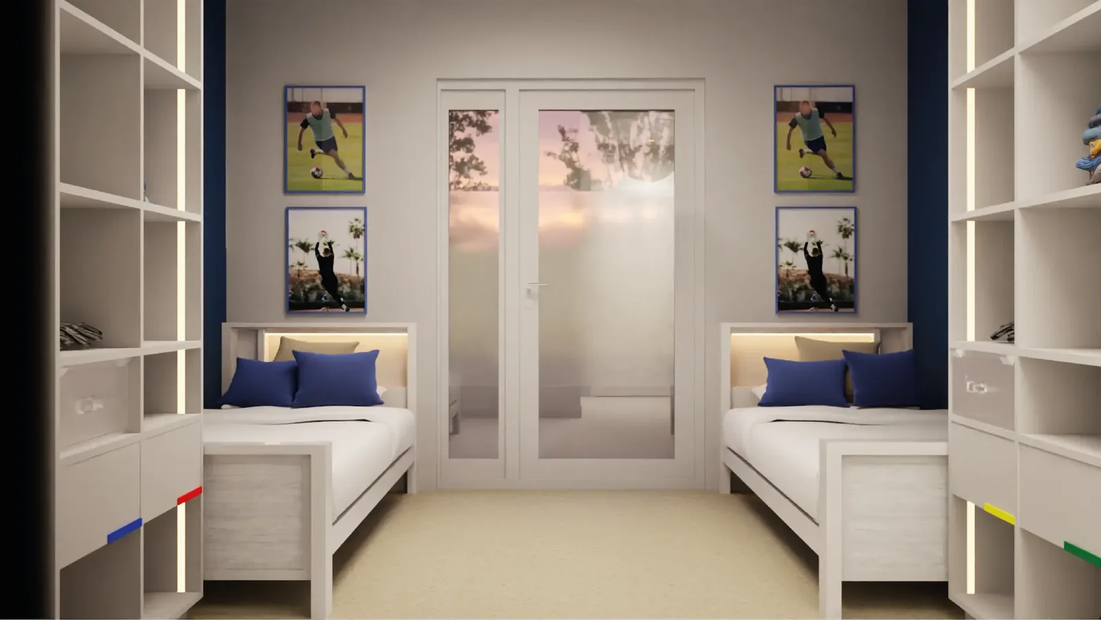 A two-bed athlete room: two single beds, storage, terrace door
