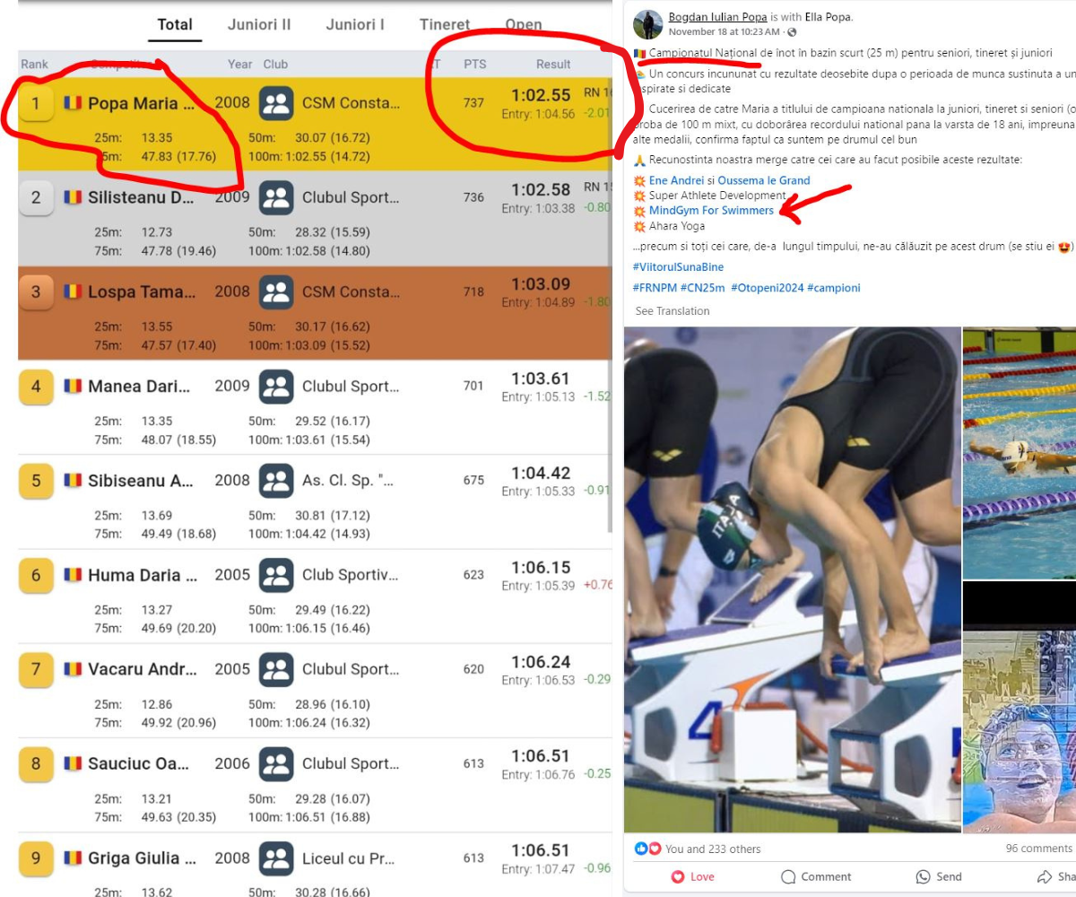 Race results screenshot showing the Romanian national record