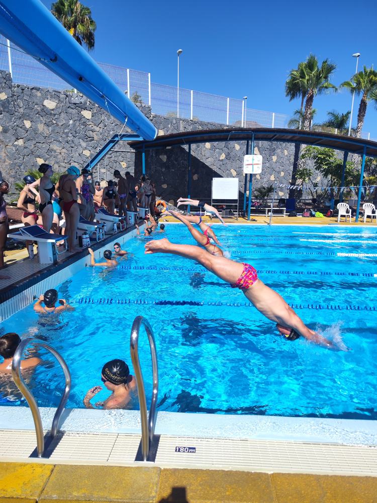 A swimmer diving off the block