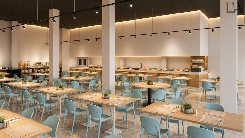 The dining hall, tables set