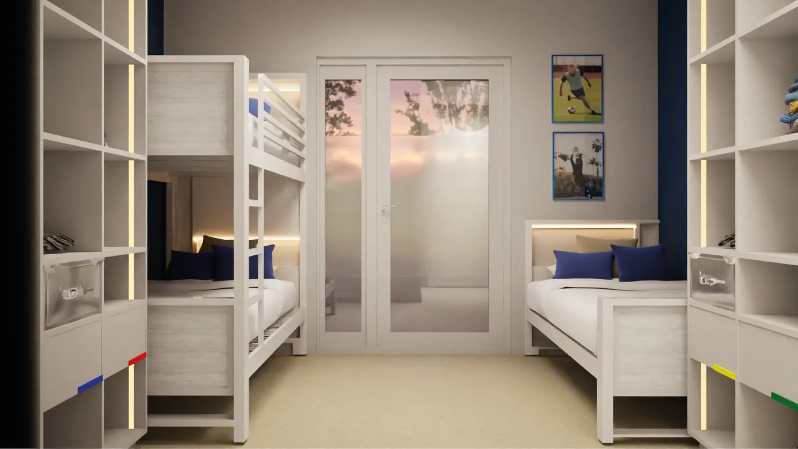 A three-bed athlete room: a bunk and a single bed