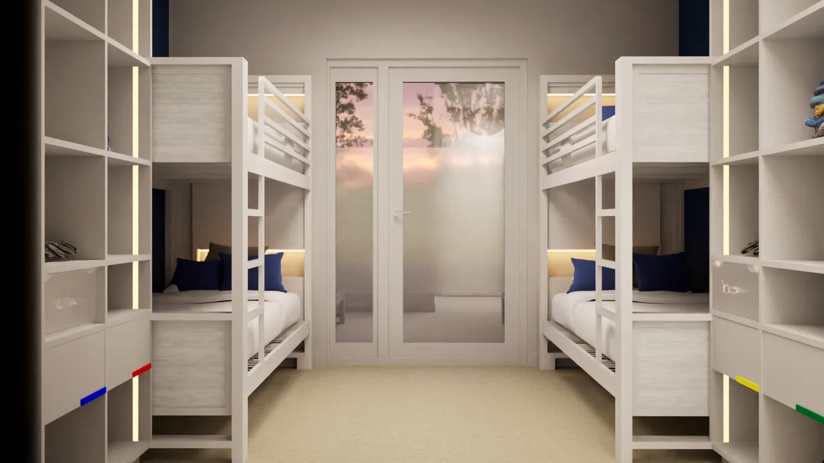 A twin room in The T3 Residence — two beds, athlete storage, terrace door