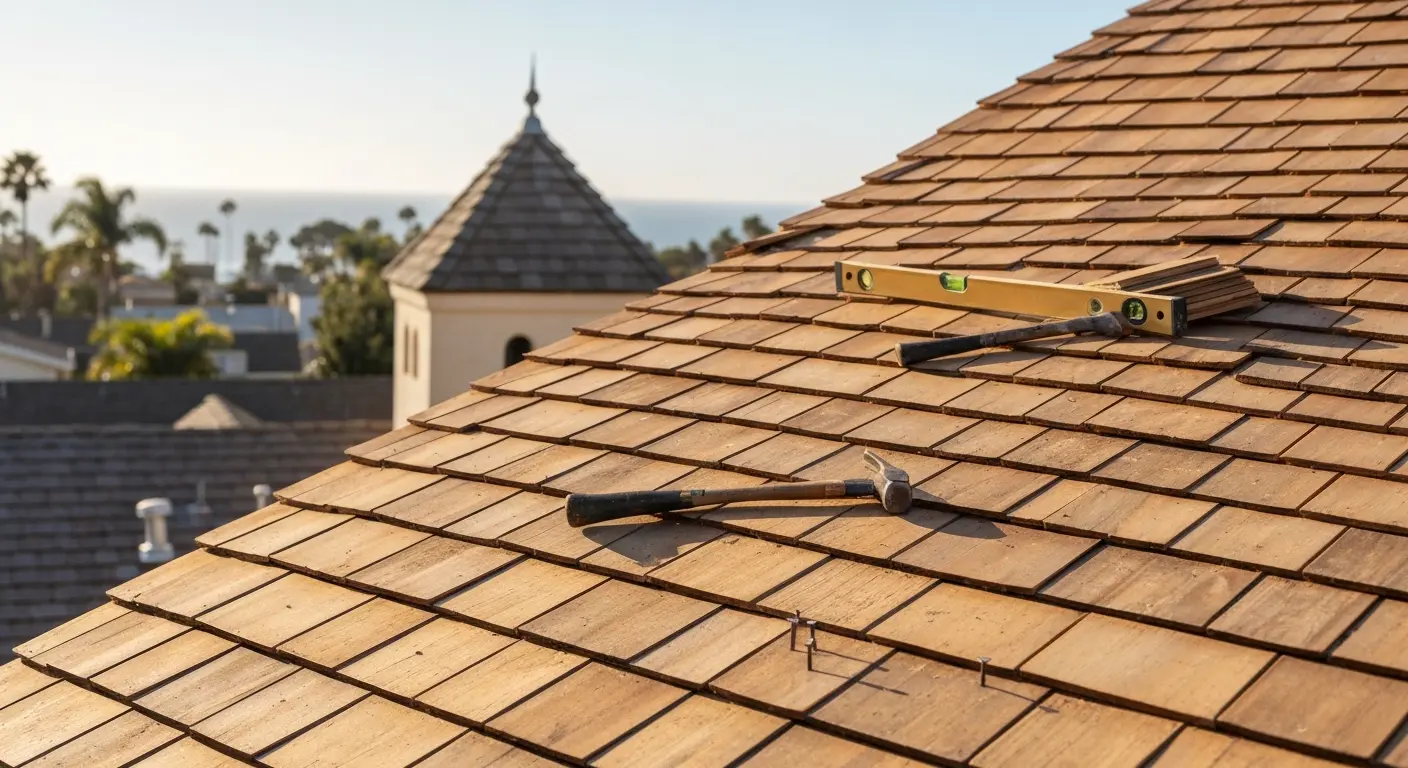 Wood shingle covered deck