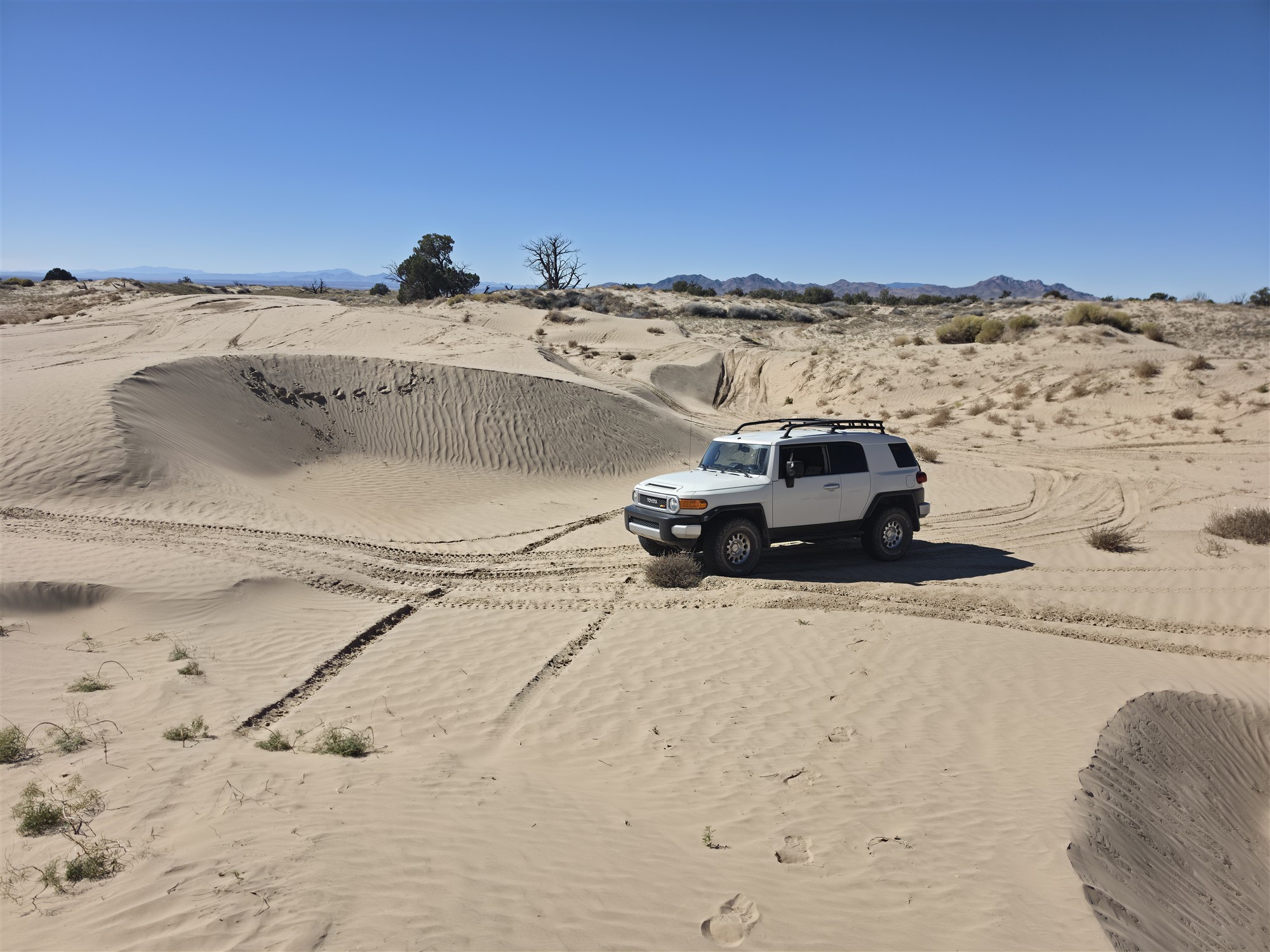 The white Albino Rhino Toyota FJ Cruiser among Utah sand dunes