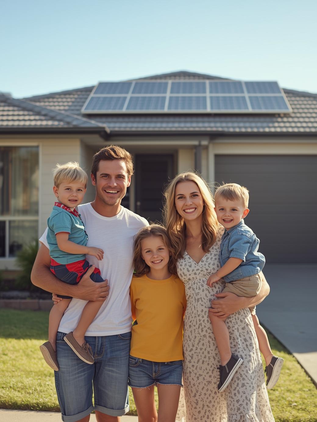 Happy Queensland family in front of home with solar panels